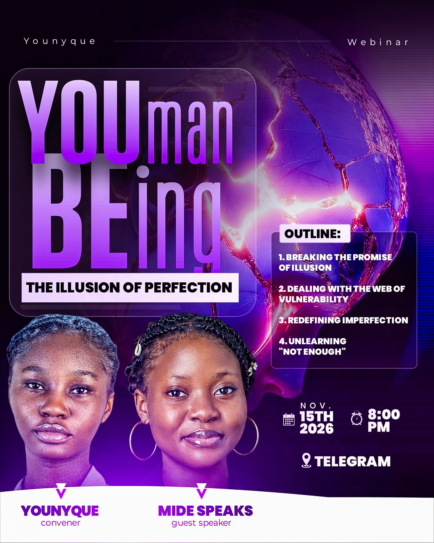 Younyque personal growth webinar event branding and curriculum outline flyers