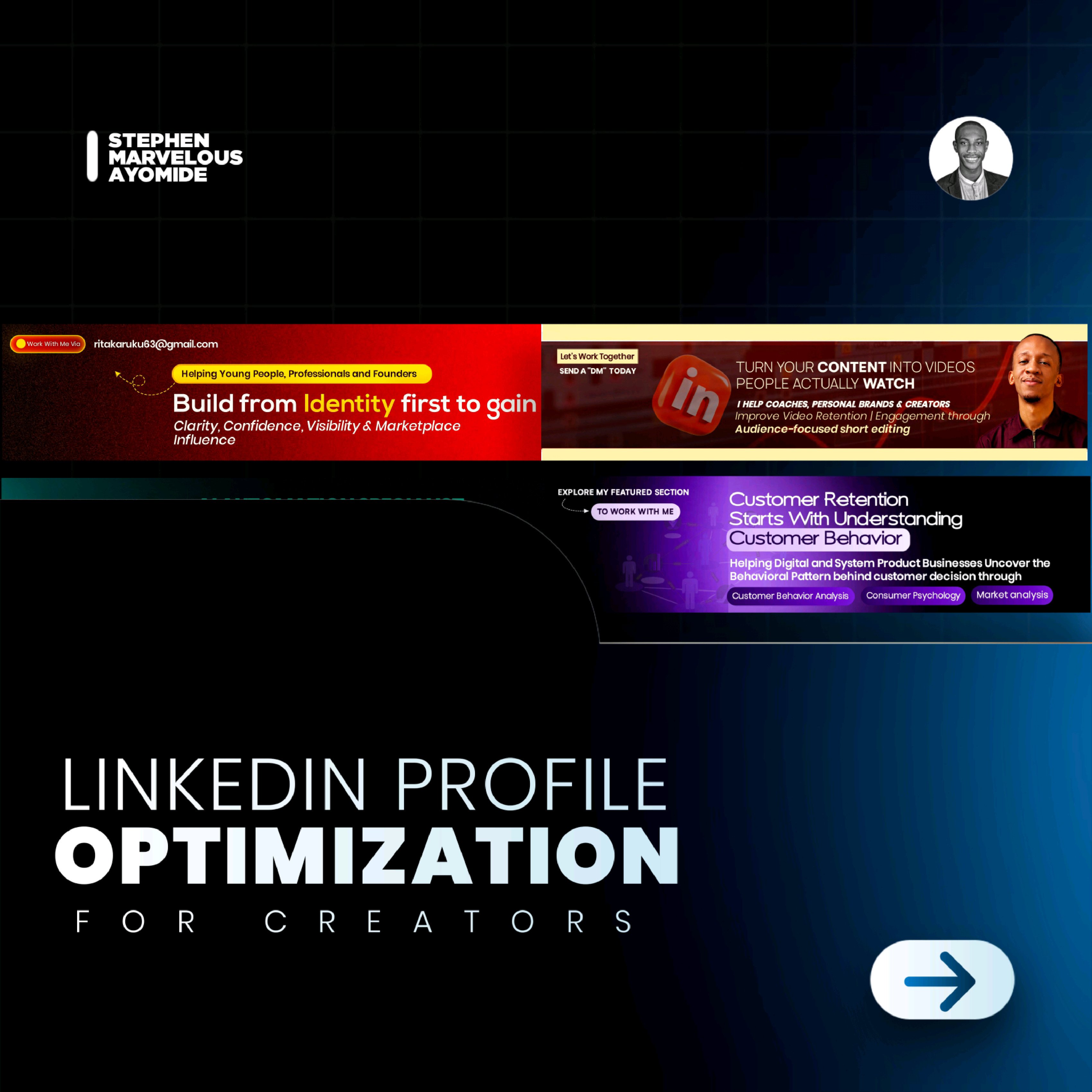 High-tech cyan and navy LinkedIn banner for AI automation specialist with direct call to action cards