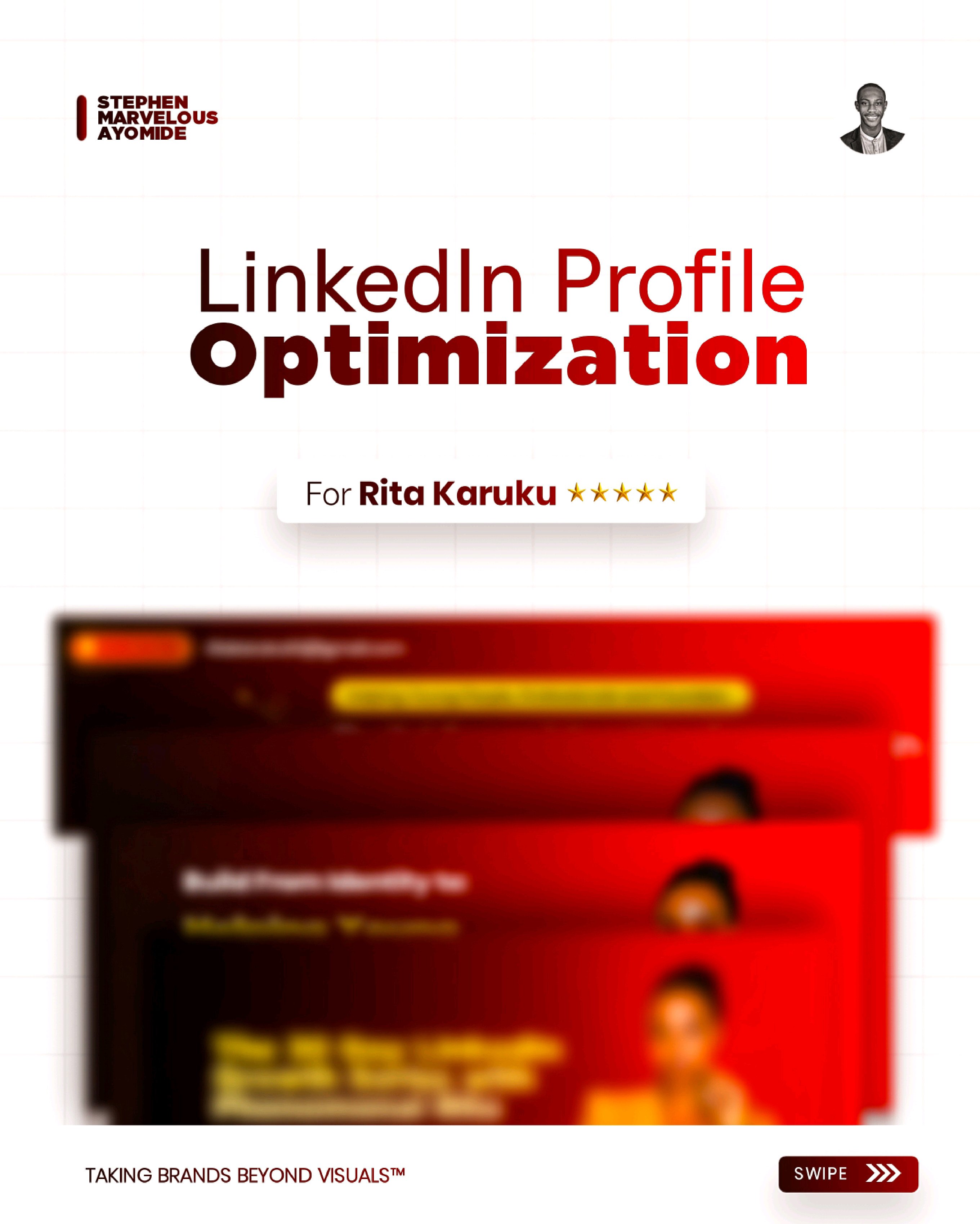 Before and after comparison of Rita Karuku LinkedIn profile optimization showing banner and featured cards