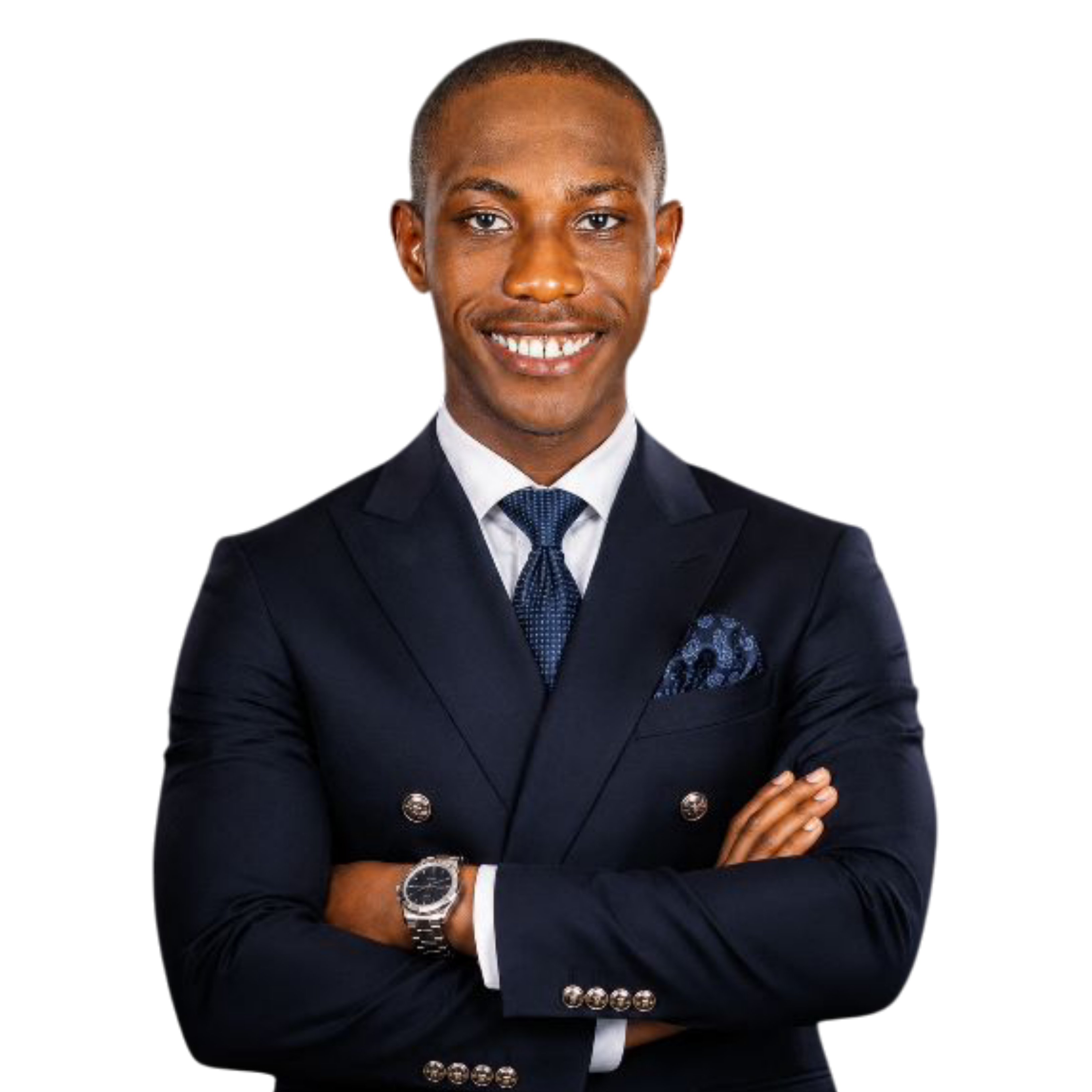 Stephen Marvelous Ayomide in navy double-breasted suit